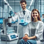 Dos científicos en un laboratorio moderno, uno de ellos con una pipeta en la mano y sonriendo, el otro sentado sonriendo a la cámara. Están rodeados de material de laboratorio, incluidos tubos de ensayo y un microscopio. El entorno es luminoso y de alta tecnología, lo que indica un entorno de investigación.